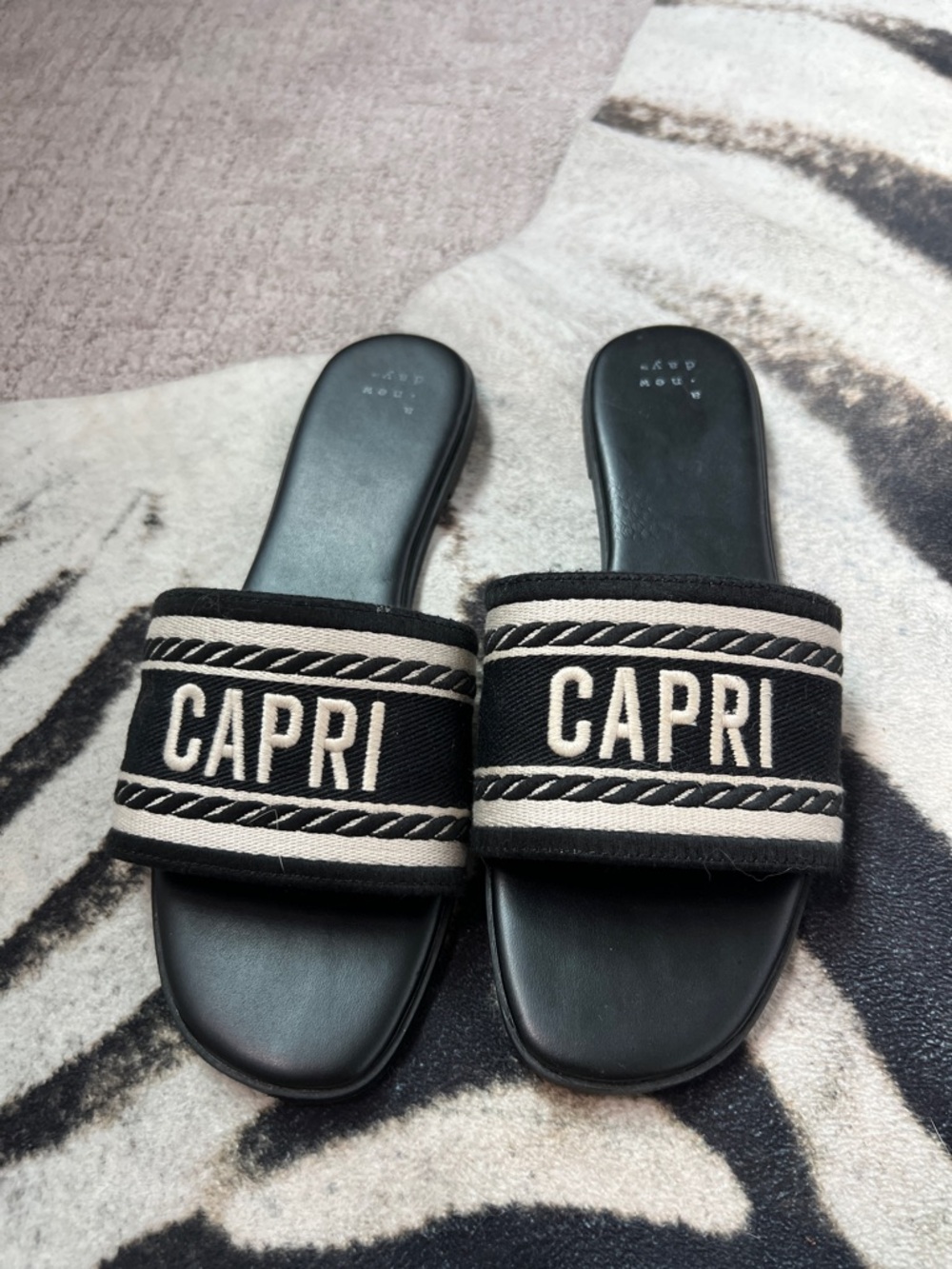a new day CAPRI Black and Cream Slide Sandals